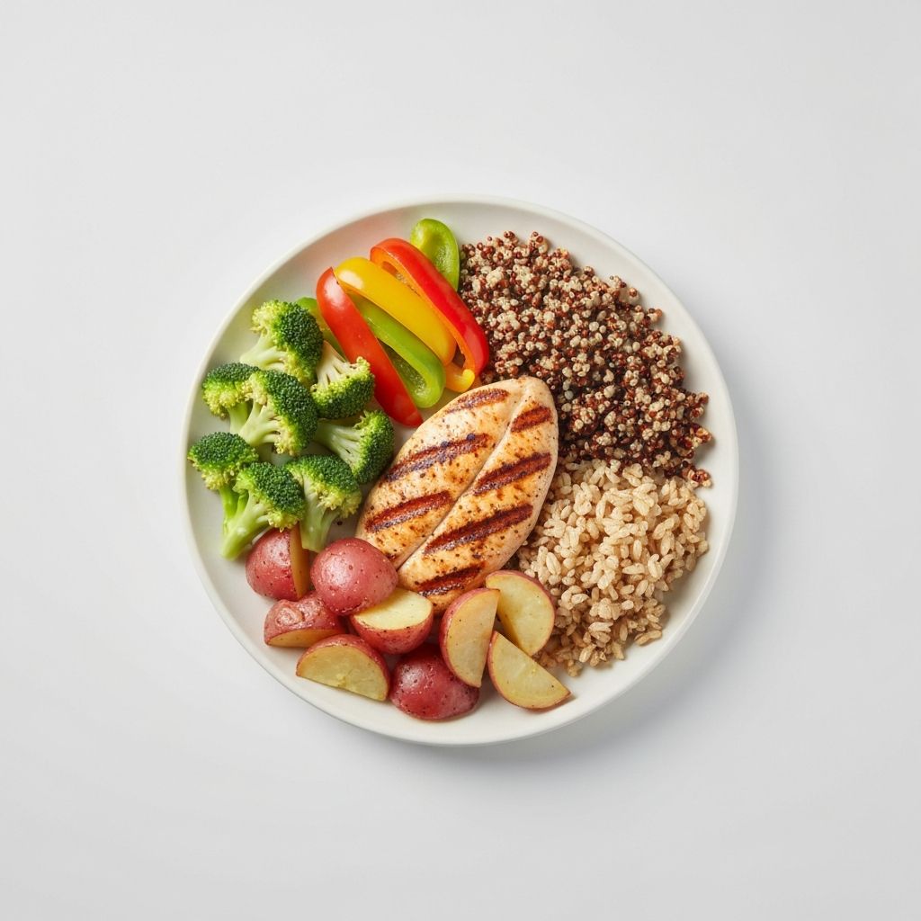 Balanced meal with vegetables, grains, and proteins